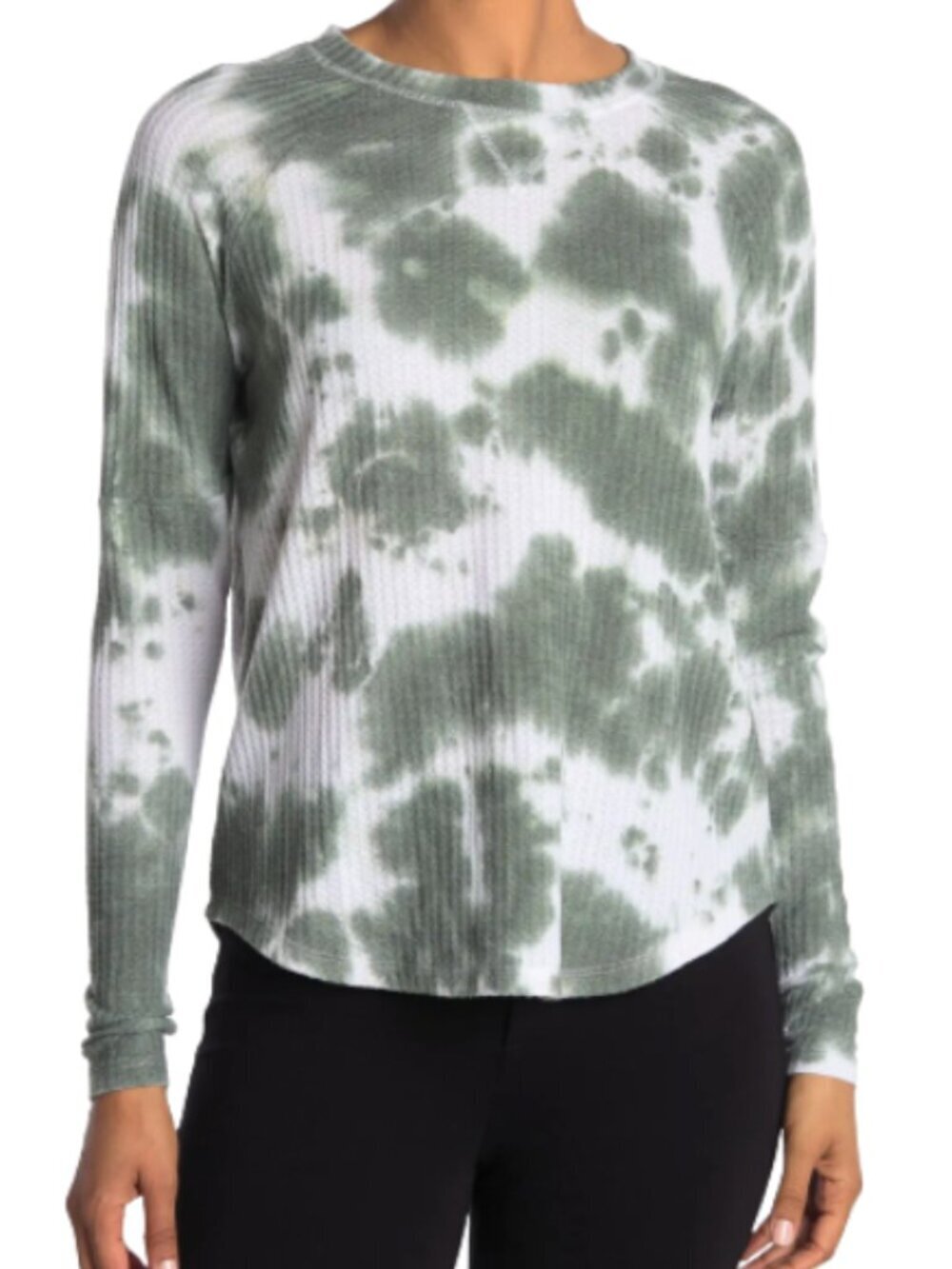 Sweet Romeo Olive Green White Tie-Dye Long Sleeve Thermal Top NEW